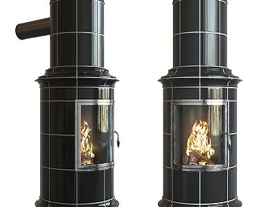 Elegant Black Modern Fireplaces With Glass Doors And Burning Flames 3d model