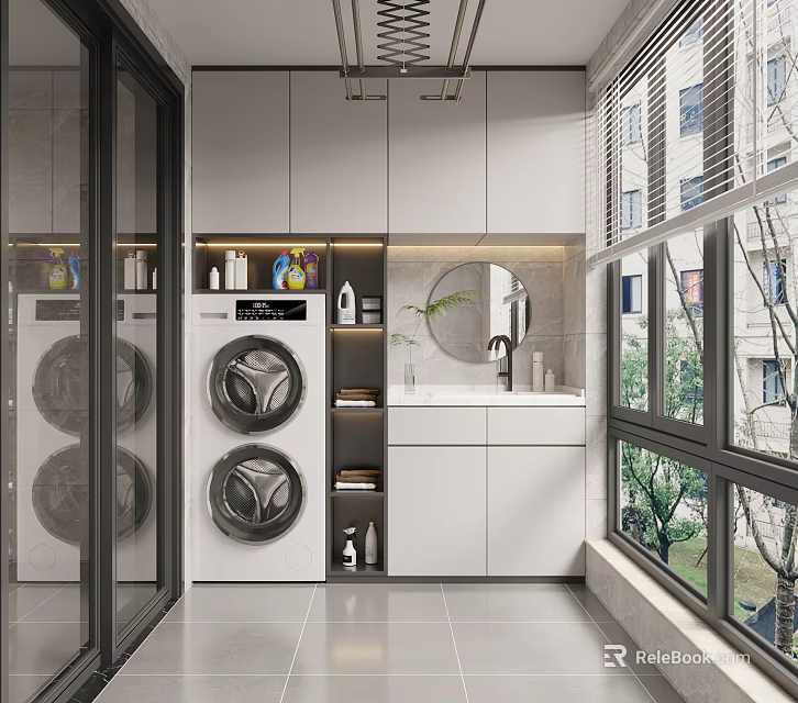 Modern Home Balcony Design With Washing Machine Dryer Sink And Storage Cabinets 3d model 
