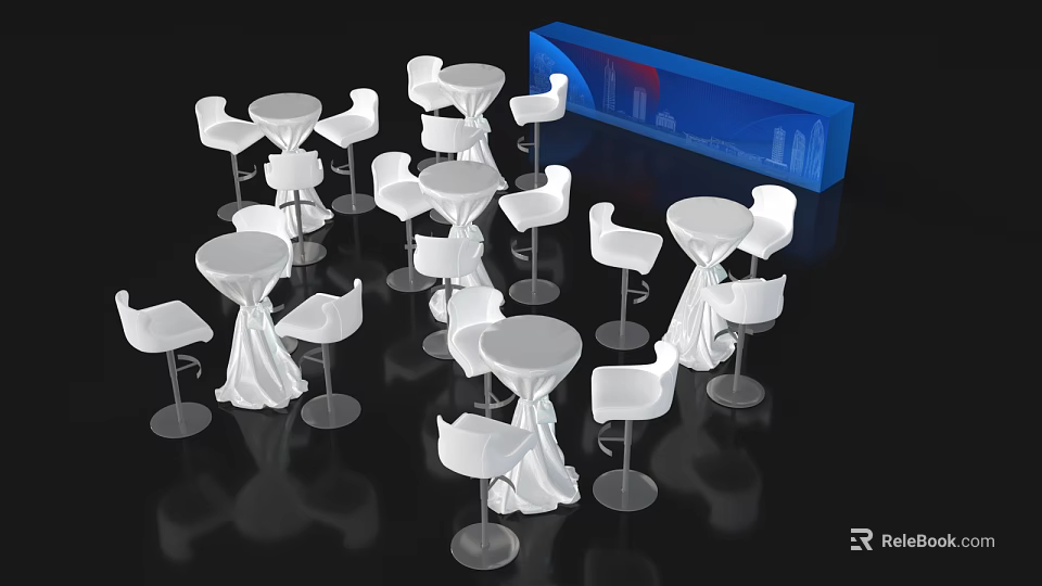 Modern Bar Setup With White Bar Stools Round Tables And Blue Display Cabinet 3d model 