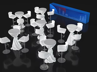 Modern Bar Setup With White Bar Stools Round Tables And Blue Display Cabinet 3d model