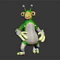 Cartoon Fantasy Creature Character With Green Body White Belly Large Eyes And Antennae Standing