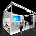 Modern Exhibition Booth Design Featuring Glass Walls Lighting And Visitors Around Display Area