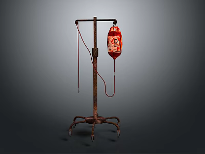 Vintage Medical Infusion Stand With Metal Frame Red Bag And Wheels 3d model