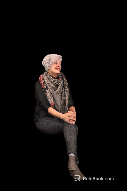 Smiling Woman With White Hair Wearing Black Top Gray Pants And Scarf Against Black Background 3d model 