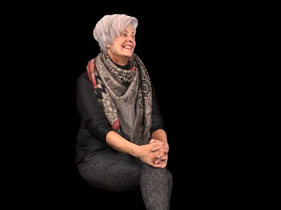 Smiling Woman With White Hair Wearing Black Top Gray Pants And Scarf Against Black Background 3d model