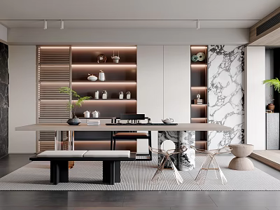 Modern Tea Room Interior With Long Table Benches Chairs Shelves And Plants 3d model