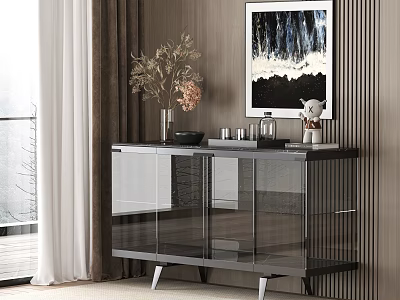 Modern Console Cabinet With Glass Doors Metal Legs And Dried Flower Decor 3d model