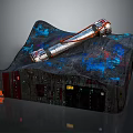 Silver Orange Long Weapon With Muzzle Ends On Black Blue Red Textured Rock Mechanical Panels 3d model