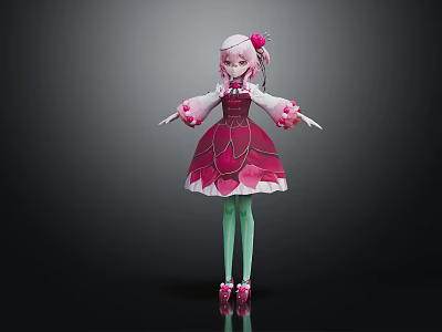 Cute Character And Creature With Pink Hair Red Dress Green Stockings And Pink Shoes 3d model