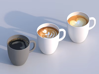 Gray and White Coffee Cups with Black Coffee and Lattes Featuring Heart Latte Art 3d model