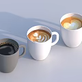 Gray and White Coffee Cups with Black Coffee and Lattes Featuring Heart Latte Art