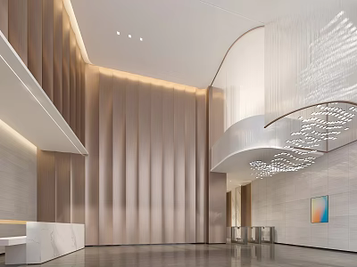 Modern Lobby Reception Desk Design With Marble Counter And Curved Staircase Lighting 3d model