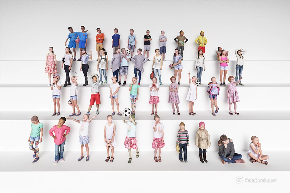 Group of Diverse Children Standing on Steps in Colorful Clothes and Different Poses 3d model 