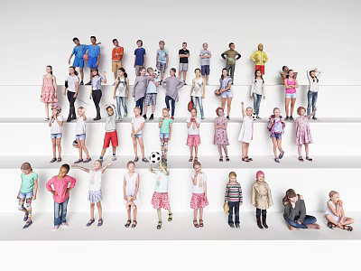 Group of Diverse Children Standing on Steps in Colorful Clothes and Different Poses 3d model