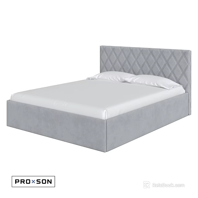 Modern Grey Double Bed With Diamond Tufted Headboard And White Mattress 3d model 