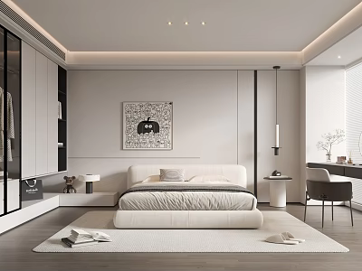 Modern Minimalist Bedroom Interior With Platform Bed Wall Art And Area Rug 3d model