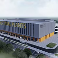 Industrial Plant With Large Signage Gray Facade Yellow Base Front Road Cars And Blue Sky