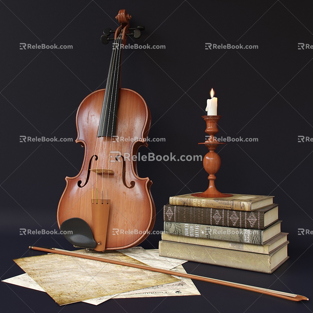 Violin Decorative Combination Instrument Piano Violin Book Candle Holder Candle Sheet Music Paper Vintage 3d model