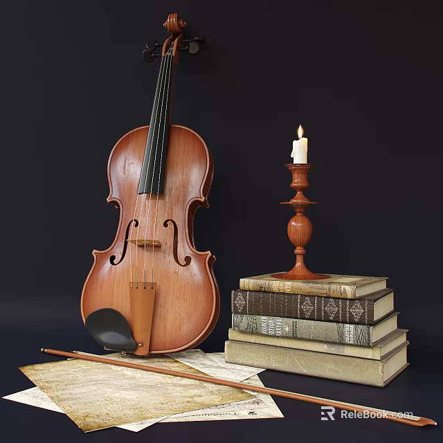 Vintage Musical Instruments And Art Supplies With Violin Paintbrush Sheet Music Books And Candle Holder 3d model 