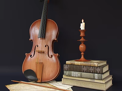 Vintage Musical Instruments And Art Supplies With Violin Paintbrush Sheet Music Books And Candle Holder 3d model