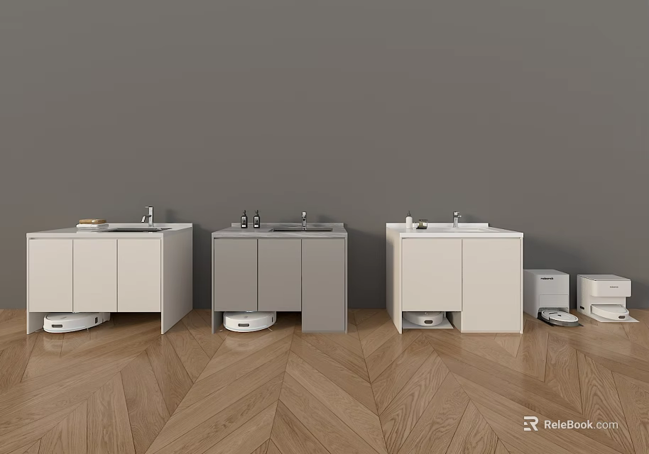 Daily Electrical Appliances Near Bathroom Cabinets White Gray With Wooden Floor And Gray Wall 3d model 