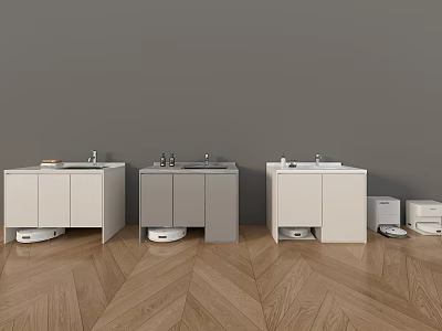 Daily Electrical Appliances Near Bathroom Cabinets White Gray With Wooden Floor And Gray Wall 3d model