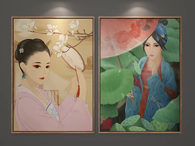 Chinese Figure Paintings With Pink Dress Fan White Flowers Blue Robe Umbrella Lotus Leaves 3d model