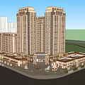 Modern Commercial Street With High Rise Buildings Low Rise Commercial Structures Road And Greenery