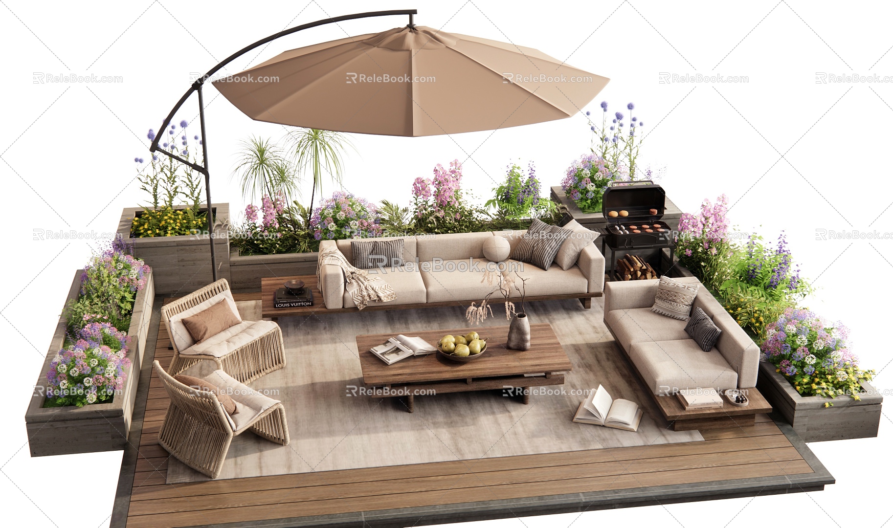 Outdoor Sofa Sofa Coffee Table Combination Leisure Chair Flower Pond Green Planting Flowers and Plants Combination 3d model