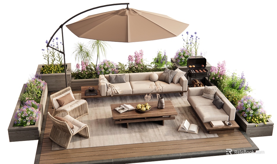 Comfortable Outdoor Sofa Setup with Armchairs Coffee Table Parasol Grill and Green Plants 3d model 