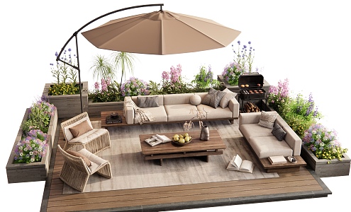 Outdoor Sofa Coffee Table Combination Leisure Chair Flower Pond Green Planting Flowers and Plants Combination 3d model