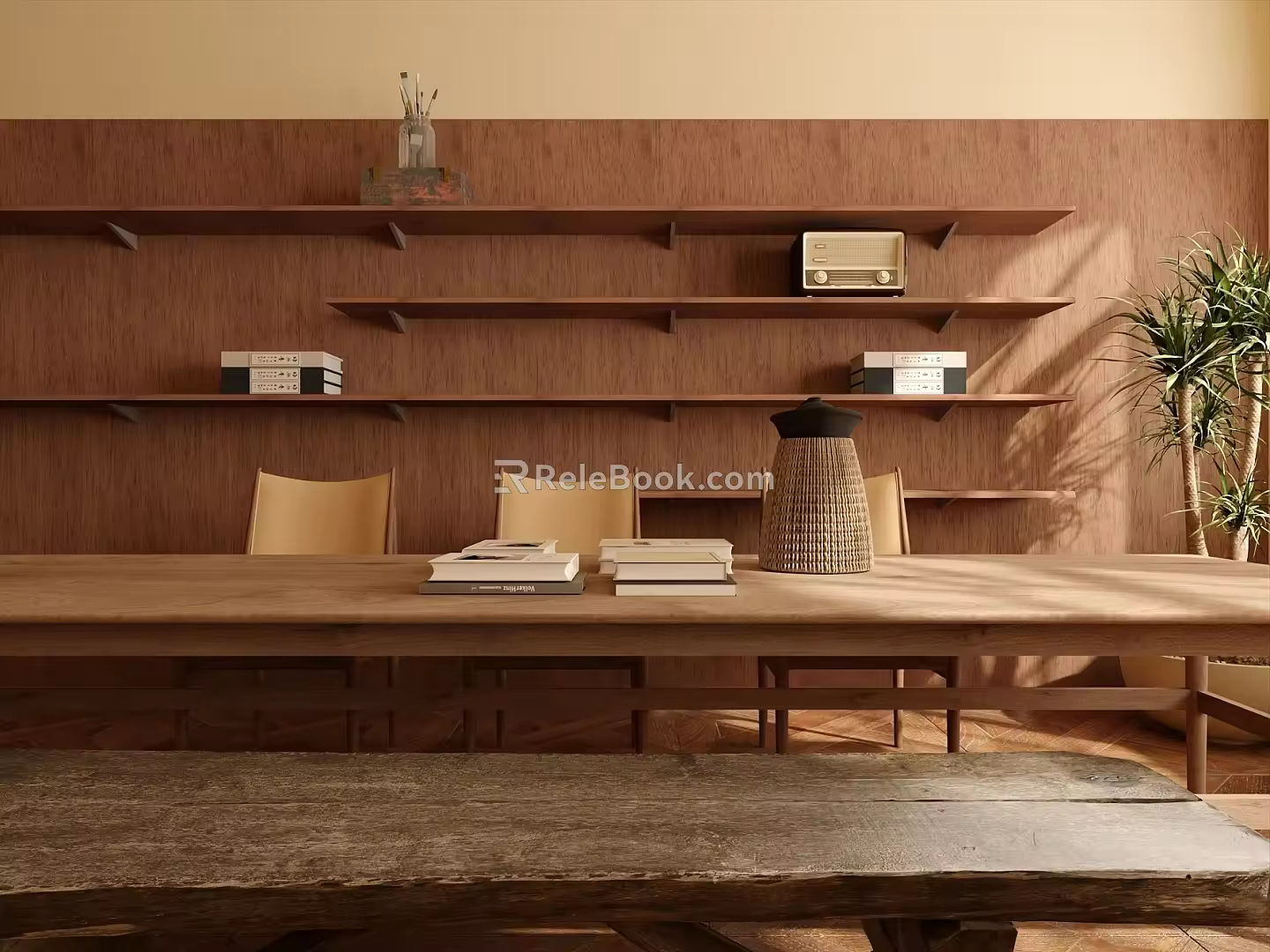 Quiet wind bookcase dining table and chair combination 3d model