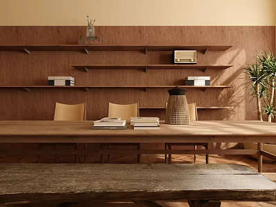 Quiet wind bookcase dining table and chair combination 3d model