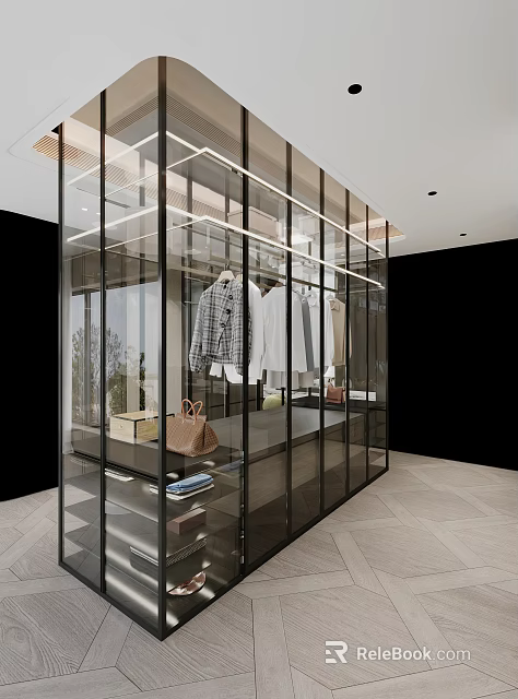 Modern Glass Wardrobe Interior Design With Hanging Clothes And Storage Items 3d model 