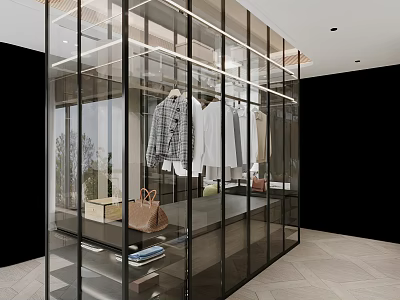 Modern Glass Wardrobe Interior Design With Hanging Clothes And Storage Items 3d model