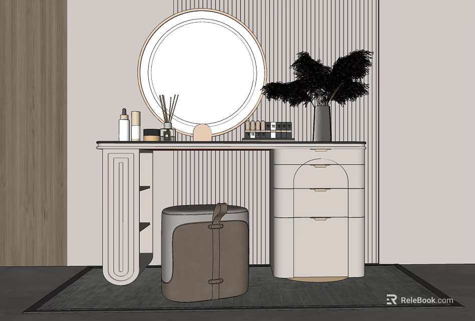 Modern White Dressing Table With Round Mirror Brown Stool And Feather Plant 3d model