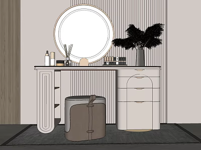 Modern White Dressing Table With Round Mirror Brown Stool And Feather Plant 3d model