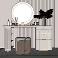Modern White Dressing Table With Round Mirror Brown Stool And Feather Plant 3d model