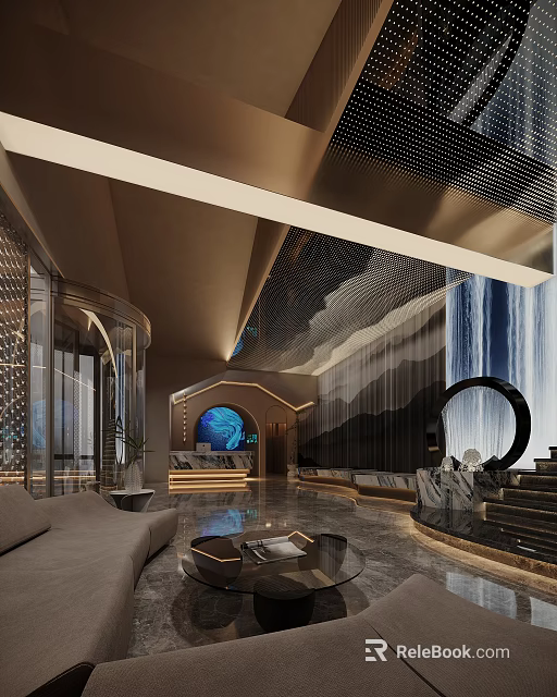 Luxury Modern SPA Sauna Interior Design With Waterfall Decor And Marble Elements 3d model 