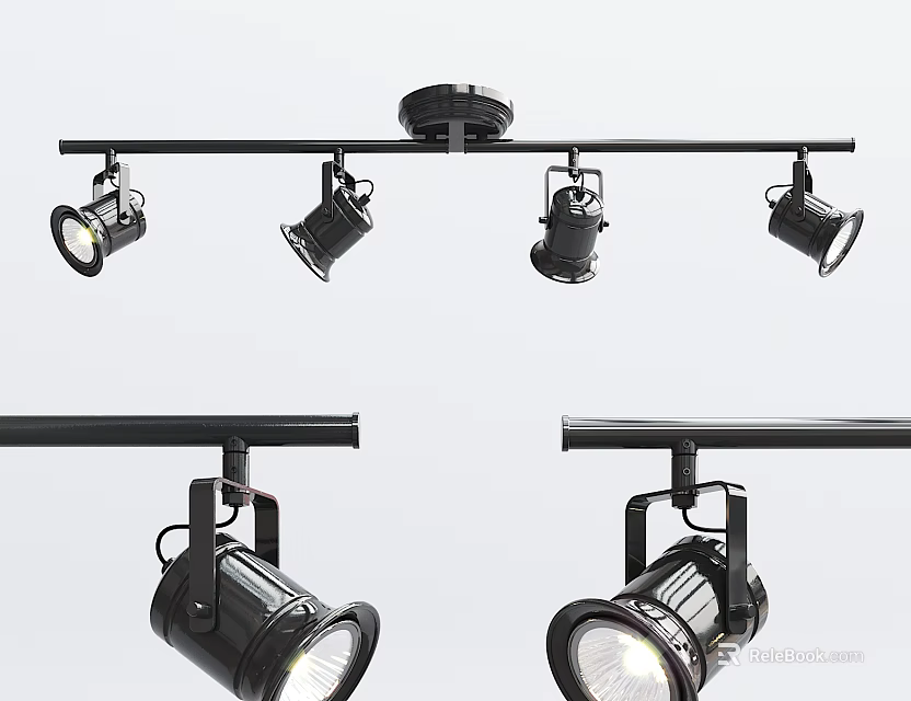 Modern Black Track Mounted Downlights And Spotlights With Multiple Adjustable Heads For Interior Lighting 3d model 