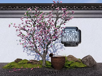 Traditional Chinese Garden Featuring Pink Flowering Tree Square Lattice Window And Clay Pot 3d model
