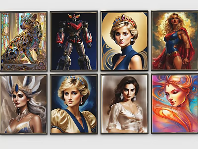 Character Portrait Paintings Featuring Diverse Female Figures in Vibrant Art Styles 3d model