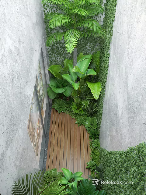 Modern Garden Landscape With Gray Walls Wooden Walkway Lush Green Plants Large Leaves And Vines 3d model 