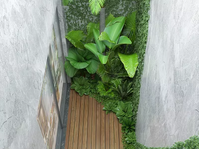 Modern Garden Landscape With Gray Walls Wooden Walkway Lush Green Plants Large Leaves And Vines 3d model