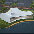 Aerial Planning of Modern Waterfront Architectural Structure with Surrounding Greenery Roads and Urban Buildings