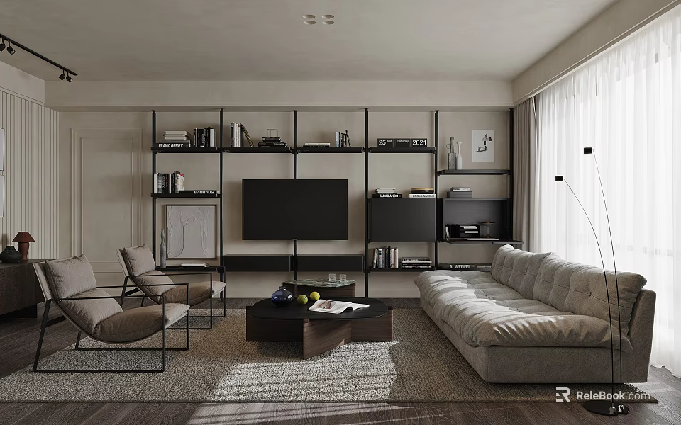 Modern Minimalist Living Room Interior With Sofa Armchairs TV And Shelves 3d model 