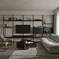 Modern Minimalist Living Room Interior With Sofa Armchairs TV And Shelves