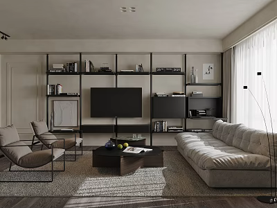 Modern Minimalist Living Room Interior With Sofa Armchairs TV And Shelves 3d model