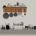 Kitchen Wall Shelf with Hanging Pans Spoons Jars and Countertop Utensils