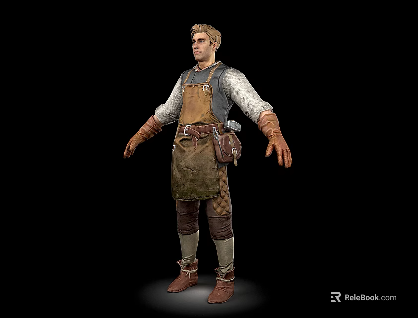 Man In White Shirt Gray Vest Brown Apron With Pockets Leather Gloves And Brown Boots 3d model 